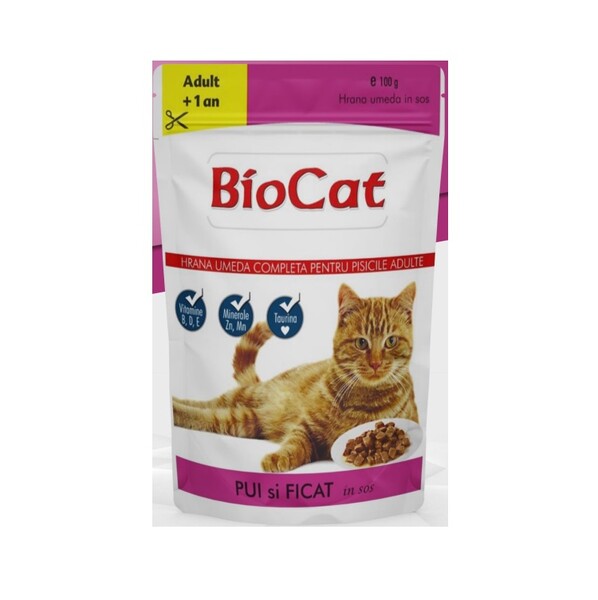 Bio Cat&Dog - Biocat Tavuk ve Ciğerli Yetişkin Kedi Yaş Maması 100 Gr x 24 Adet