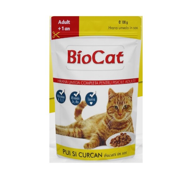 Bio Cat&Dog - Biocat Tavuklu ve Hindili Yetişkin Kedi Yaş Maması 100 Gr x 24 Adet