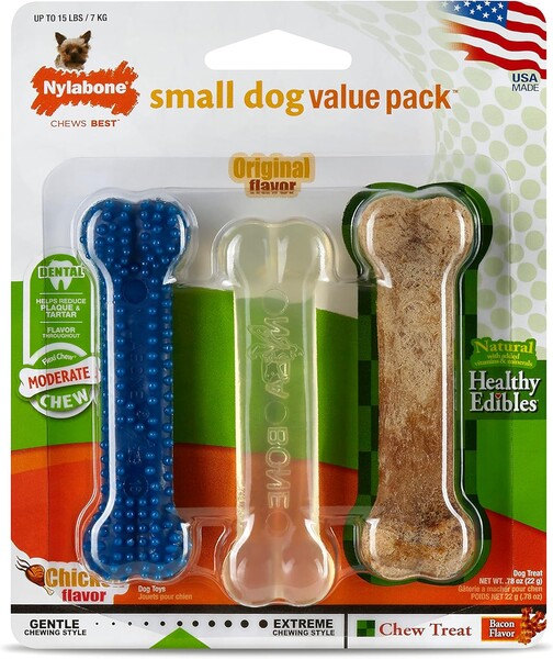 Nylabone - Nylabone Tavuk ve Domuz Aromalı Köpek Çiğneme Kemiği Xs 3Lü